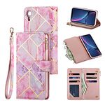 QLTYPRI Case for iPhone XR, Large Capacity Leather Wallet Case 6 Card Holder & 1 Zipper Pocket Kickstand Wrist Strap Magnetic Protective Cover for iPhone XR - Pink