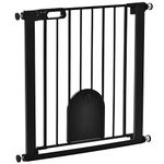 PawHut Dog Gate with Cat Flap Pet Safety Gate Barrier, Stair Pressure Fit, Auto Close, Double Locking, for Doorways, Hallways, 75-82 cm Black