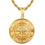 KRKC&CO Mens Coin Pendant Necklace, Compass 18K Gold Plated Stainless Steel Chain Necklace, Medallion Amulet Pendant Necklace for Men and Boys