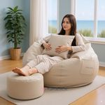4XL Bean Bag Chair with Footrest & Cushion | Pre-Filled Beans | PVC Leatherette Lounger Sofa | Indoor & Outdoor Bean Bag with Pocket & Handle | Double Stitching | 6 Months Warranty Color- (Cream)