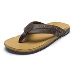 OLUKAI Tuahine Palm Men's Waterproof Full-Grain Leather Flip Flops, Arch Support Beach Sandals, Wet Grip Outsole for All-Day Comfort, Dk Java/Golden Sand, 10