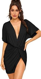 Floerns Women's Deep V Neck Twisted Plunging High Slit Mini Party Dress A Black Pure L