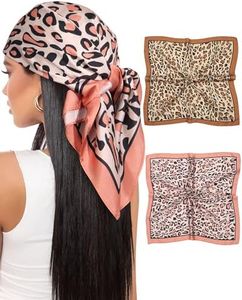 AWAYTR 27.5” Satin Head Scarf for Women Like Silk Scarf Hair Bandanas Women 2Pcs Satin Neck Scarf Headscarf Hair Wrap (Leopard - Khaki + Dark Brown)
