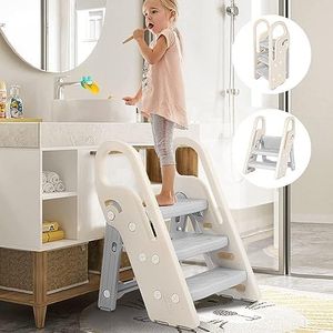 CULOTOL Foldable Toddler Step Stop for Bathroom Sink, Adjustable 3 Step Stool for Kids Toilet Potty Training Stool, Child Kitchen Counter Stool Helper, Plastic Ladder for Toddlers (Grey)