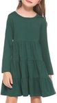 Arshiner Girls Long Sleeve Dress Fall Cotton Crewneck Tiered Ruffle Swing Solid Casual Midi Dresses Dark Green 9-10 Years