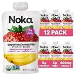 Noka Superfood Fruit Smoothie Pouches, Strawberry Banana with Immune Support, Healthy Snacks with Elderberry, Flax Seed, Plant Protein, and Prebiotic Fiber, Gluten Free and Vegan, 4.22 oz, 12 Count