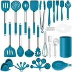 LIANYU 43 Pcs Silicone Kitchen Cooking Utensils with Holder, Heat Resistant Spatula Set with Stainless Steel Handle, Kitchen Cooking Gadgets Tools for Nonstick Cookware Set, Blue