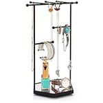 BELLE VOUS Black Hexagon Necklace Jewellery Organiser Stand - 3 Tier Metal Display Tree with Mirror Base - Storage Holder Tower for Necklaces, Bracelets, Earrings, Rings, Cosmetics & Accessories