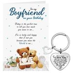 Tenare Romantic Happy Birthday Boyfriend Card Bear Greetings Card Cute Birthday Card with White Envelope Boyfriend Keyring Heart Keyring for Boyfriend Birthday Anniversary Events