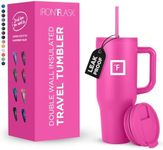 IRON °FLASK Co-Pilot Insulated Mug w/Straw & Flip Cap Lids - Cup Holder Bottle for Hot, Cold Drink - Leak-Proof - Water, Coffee Portable Travel Mug - Pink Tulip, 40 Oz