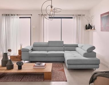 Best Mobilier - Canapé d'angle Convertible avec Coffre - Angle Droit - Zaria en Velours Côtelé - Canapé Lit - Sofa Gris Clair 5 Places - Têtières Réglables - Salon