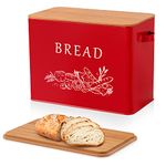 Joyfair Bread Bin, Metal Bread Box with Bamboo Cutting Board Lid, Extra Large Red Bread Holder for Kitchen Countertop, Bread Storage Container Bin fit 2 Loaves, Space Saving & Farmhouse Style