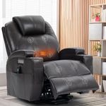 EZZUP Power Lift Chair for Elderly,PU Leather Electric Recliner w/Massage and Heating, 3 Positions, Side Pockets and Cup Holders, USB Ports, Remote Control, Motorized Home Theater Seat, Brown