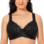 TELIMUSSTO Women's Full Coverage Floral Lace Underwired Bra Plus Size Non Padded Comfort Bra, Black, 46J