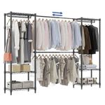 Extendable Clothes Rail with 4 Hanging Rods and 6 Height-Adjustable Shelves Telescopic Clothes Rail Heavy Duty Garment Rack with Side Hook Walk Wardrobe Storage Systems W (175-230) x H 180 cm, Black