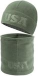 2 Pcs Warm Fleece Beanie Neck Gaiter Set, Embossing USA Army Military Winter Gear Skull Cap for Men Women, Forest Green, One size