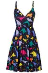 Women Sleeveless Summer Dress Girls Adjustable V Neck Dinosaur Print Flared Dresses Casual Vintage A Line Stretch Flowy Ruffle Sundress for Ladies Party Holiday L