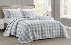Chezmoi Collection 3-Piece Gray White Plaid Cotton Quilt Set - Buffalo Check Solid Reversible Bedspread - Pre-Washed Cotton Lightweight Coverlet, Queen Size