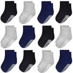 Pack of 12 Pairs Baby Boys Girls Anti-slip Grip Cotton Socks Toddler Kids Unisex Sweat Absorbing Sock Breathable Comfortable (#7 Black+Grey+Navy blue, 1-3T)