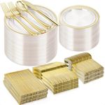 BESTVIP 600PCS Clear Gold Plastic Plate Set (100 Guests), Plastic Plates for Party Wedding Birthday, Disposable Dinnerware Set of 200 Plastic Plates, 200 Forks, 100 Spoons, 100 Knives