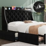 Reljofum Queen Bed Frame with 4 Storage Drawers and Wingback Storage Headboard, Charging Station with Type-C & USB Ports, Diamond Stitched Button Tufted Design, No Box Spring Needed, Black