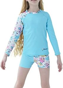 Ovovod Girls Swimsuit Two Piece Rash Guard Set for 4-14 Years UPF 50+ UV Protective Long Sleeve Swimwear, Light Blue/Fish, 7-8 Years