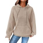 Deals Under 10 Dollars Hoodies for Women UK Oversized Lightweight Waffle Hoodie Long Sleeve Casual Hooded Sweatershirt Autumn Winter Pullover Tops with Drawstrings Prime Deals Kahki