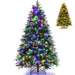 COSTWAY 5FT/6FT/7FT Pre-Lit Christmas Tree, Hinged Artificial Xmas Tree with 250/350/450 LED Lights, Dual-Color Changing, 11 Flash Modes, Pine Cones and Red Berries, Festive Party Decor (5FT)