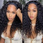 Headband Wig Human Hair Deep Wave None Lace Front Wigs Human Hair Curly Human Hair Headband Wigs for Black Women 150% Density Natural Color 18 Inch