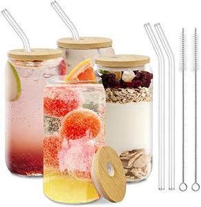500ml/16oz Cocktail Vasos con Tapa y Pajita de Vidrio 4 Piezas Vasos Largos con Tapa de Bambú para Cócteles, Whisky, Cerveza, Café Helado, Refrescos, Zumos.