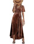 Ribbed Velvet Maternity Wrap Dress with Belt/Flowy Slit Maxi Dress Photoshoot Wedding Guest, Caramel Rust, Small