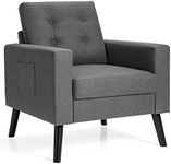 Giantex Modern Accent Armchair, Upholstered Single Sofa Chair w/Rubber Wood Legs & Two Side Pockets, Comfy Linen Fabric Armchair with Button TuftedBack Cushion for Living Room Bedroom Office (Grey)