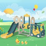 5 In 1 Toddler Slide And Swing Set, Children's Play Climbing Slide Set With Basketball Hoops and Stepladder, Bus Shape Freestanding Indoor & Outdoor Playground For Kids 3-8 Years Old, Green