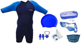 TEMPEST Swimming Kit for Boys with One piece half sleeve Swimming Costume for boys | Swim Suit | Swimwear | Swimming Dress Goggles Cap Ear Plug Nose Clip with KIT Bag (Blue, 5-6 Years)