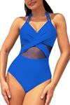 AOQUSSQOA One Piece Swimsuit Women Sexy Mesh Tummy Control Bathing Suit V Neck Lace Up Wrap Swimwear(Royal Blue,L)