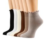 Yawlsow Women's Ruffle Socks, 6Pairs Cute Frilly Ankle Turn-Cuff Casual Socks, Frilly Edged, Knit Cotton Lettuce Crew sock, Multicoloured-2, One Size