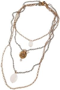 Katia Designs “Just Breathe” Necklace Layering Bundle – 4mm Crystal Bead Strand & 48" Stainless Steel Layering Chain – Labradorite, Crystal Quartz, Moonstone, Aventurine – Quick-Connect Clasp (Antique Gold / Grey Beads)