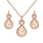 EleQueen Infinity Bridal Teardrop Button Jewelry Set 925 Sterling Silver CZ AAA Freshwater Cultured Pearl for Women Rose Gold Tone, Valentine's Day/Mother's Day/Christmas Jewerly Gift for Wife/Mom