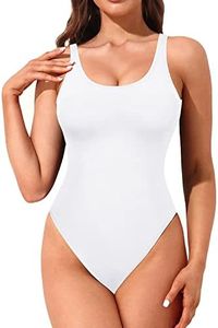 Tempt Me Women High Cut One Piece Swimsuit Low Back Scoop Neck Retro 80s Bathing Suit, White, Small