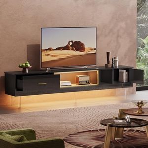 Bestier 80 inch Modern Long TV Stand with LED Lights for 75+ inch TV, High Glossy TV Entertainment Center with Storage for Xbox, Long TV Cabinet with Drawer & Cabinets for Living Room, Black Gold