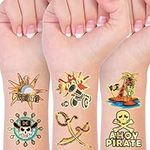 Konsait 96PCS Pirate Temporary Tattoos for Kids,Metallic Glitter Neverland Pirated Skull Cannon Powder Treasure Box Tattoo Sticker for Pirate Birthday Party Favors Supplies Boys Girls Party Bag Filler