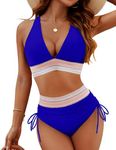 Blooming Jelly Women High Waisted Bikini Sets Tummy Control Swimsuits Color Block Two Piece Drawstring Bathing Suit, Royal Blue, Medium
