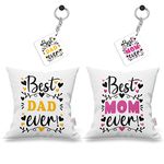 K1PORTAL Best Dad Mom Ever Quote Printed Satin Cushion Cover with Filler Combo + Printed Keychain (12" x 12" , Both 2 Quantity)