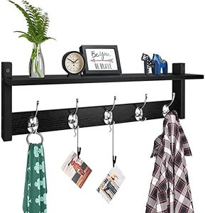 Homode Coat Rack Wall Mount with Shelf, 24" Long Entryway Shelf with Hooks Underneath, Wooden Coat Hanger for Hanging Hats, Bathroom Towels, Clothes, Black