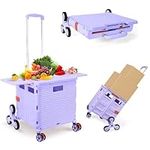 Foldable Utility Cart with Stair Climbing Wheels,Collapsible Rolling Crate with Magnetic Lid Telescopic Cover,Telescoping Handle,360° Rotate Wheel Hand Cart for teacher Shopping Moving Grocery(Purple)