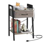 Grey End Table with Charging Station, Farmhouse Nightstand with Fabric Drawers and Storage Shelf for Bedroom, Narrow Bed Side Table with USB Ports & Outlets for Living Room, Bedroom, Office