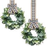 2 Pcs Mini Spring Summer Greenery Wreaths with Bows 9 Inch Christmas Candle Rings Wreaths Faux Kitchen Cabinet Wreaths Small Farmhouse Wreath for Front Door Porch Wall Window Decor (Green)