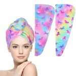 WUBAYI 2Pack Hair Drying Towels-Microfibre Hair Towels-Quick Drying Hair Towels-Uper Absorbent Hair Towel With Button. Designed For Wet Hair Wraps, Women's & Girls' Hair Wraps(Rainbow Unicorn)