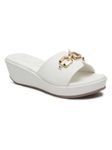 Bruno Manetti Women's White Slipon Back Open with Upper Golden Buckle Round Toe Comfort Platform Wedges