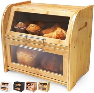Arise Stylish Bamboo Bread Box for Kitchen Countertop, Extra Large 2-Shelf Wooden Bread Storage Container with Clear Windows and Air Vents Keep Bread, Bagels and Rolls Fresh, Self Assembly